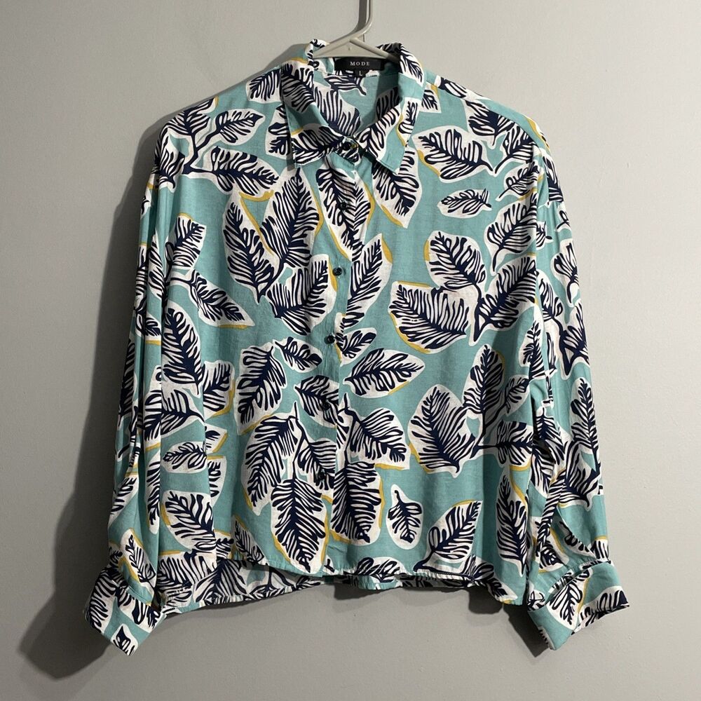Mode Women’s L Green Leaf Print Crop Top Long Sleeve Boho Naturecore